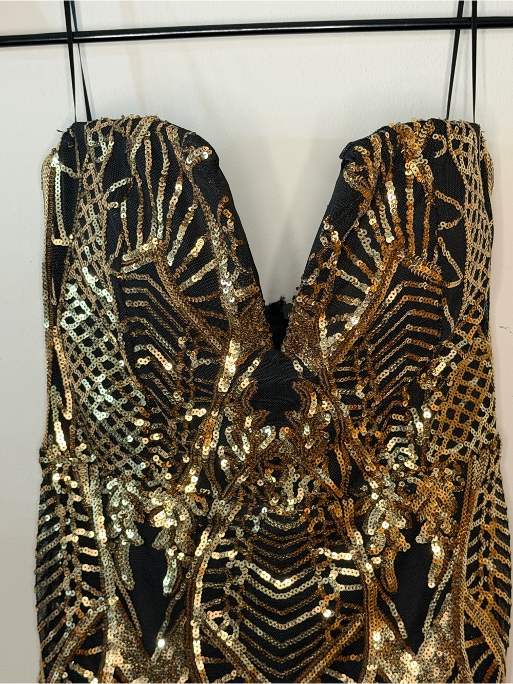 Fashion Nova Black Strapless Sequin Dress with Gold Embellishment
